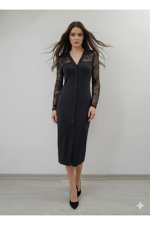 Kadın Uzun Kollu Transparan Detay Midi Boy Elbise