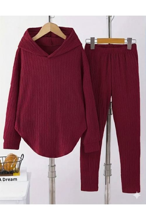 Kadın Uzun Kollu Kapşonlu Meloni Bluz Ve Pantolon Ikili Takım