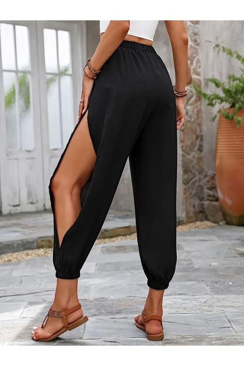 Kadın Yüksek Belli Yanlardan çapraz Detay Yırtmaçlı Viskon Pantolon