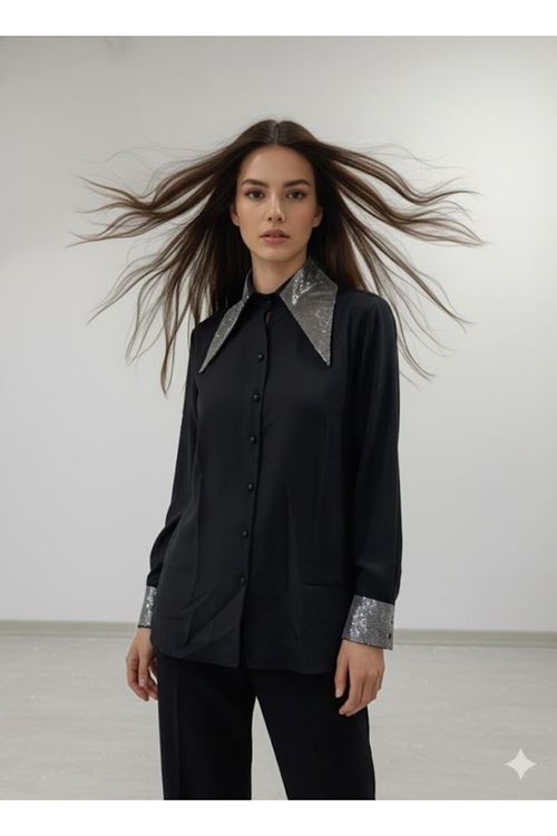 Kadın Uzun Kollu Yaka Ve Manşet Detay Gömlek