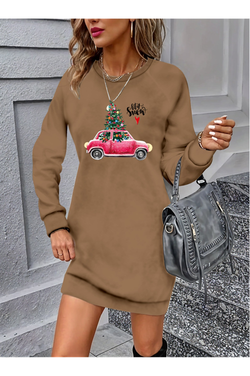 Kadın Uzun Kollu Bisiklet Yaka Desenli Viskon Iki Iplik Elbise