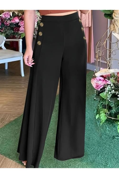 Kadın Yüksek Bel Yan Düğme Detaylı Geniş Paçalı Ithal Krep Pantolon