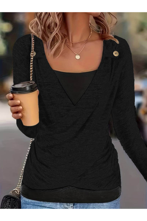 Kadın Uzun Kollu V Yaka Düğme Detaylı Yumoş Bluz