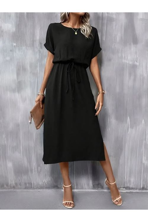 Kadın Kısa Kollu Yakası Açık Belden Bağlamalı Yırtmaçlı Viskon Elbise