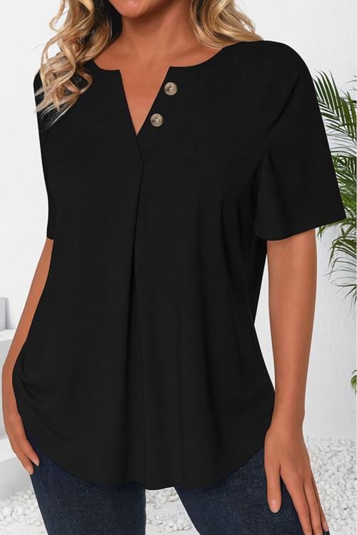 Kadın Kısa Kollu çentikli V Düğme Detaylı V Yaka önden Pileli Ithal Keten Bluz