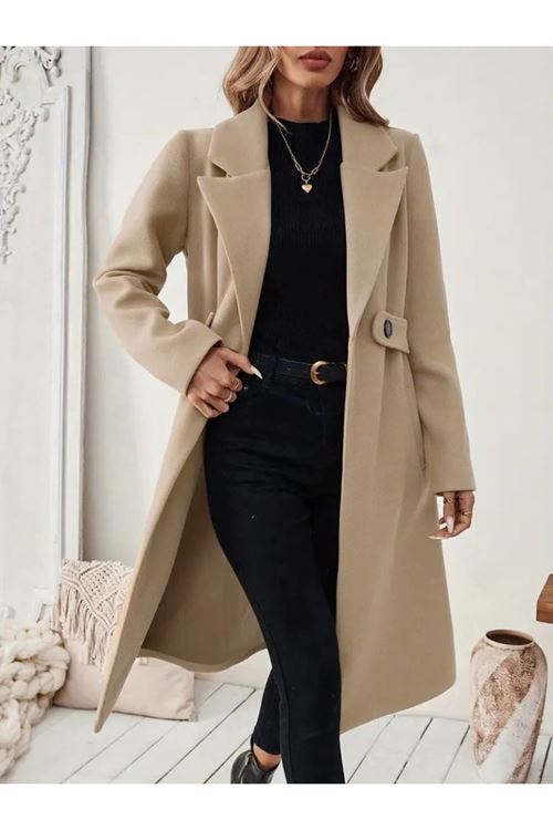 Kadın Uzun Kollu Yakalı Belde şerit Düğme Detaylı Cepli Mini Kaşe Kaban