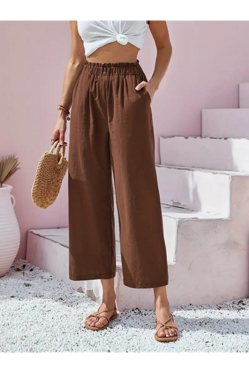 Kadın Bel Büzgü Ve Düğme Detay Kapri Keten Pantolon