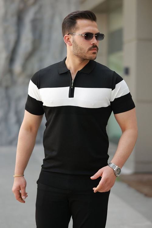 Erkek Fermuar Yakalı şerit Renk Desenli Kısa Kollu Tişört