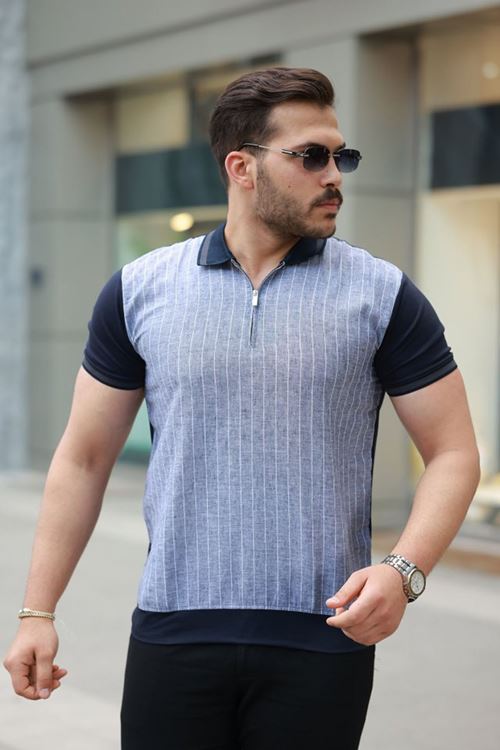 Erkek Fermuar Yakalı çizgili Kısa Kollu Tişört