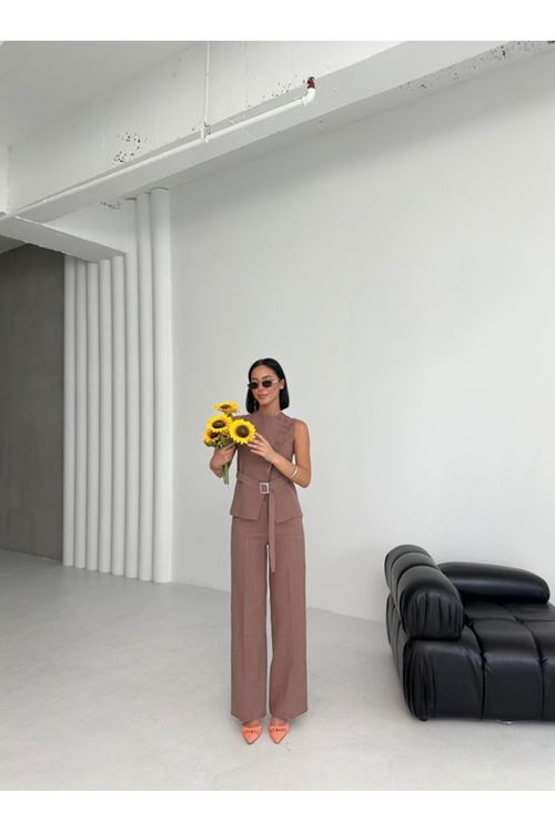 Ti̇na Asi̇metri̇k Keten Yelek Pantolon Takim