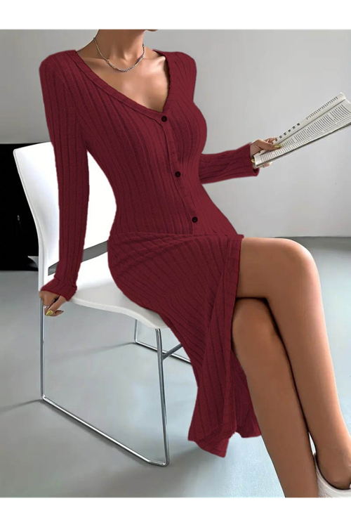 Kadın Uzun Kollu V Yakalı önden Düğmeli şardonlu Kaşkorse Elbise