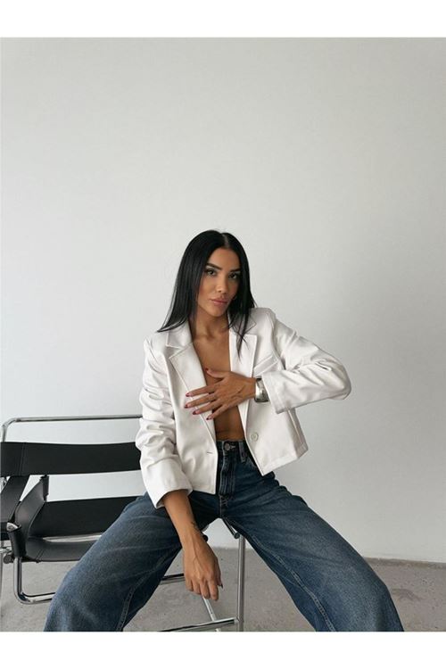 DERİ CROP CEKET TEK DÜĞME - Beyaz