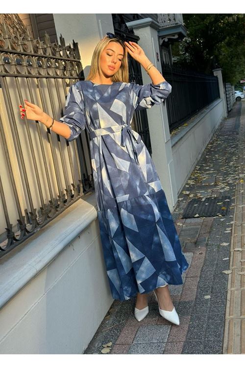 Kadın Uzun Kollu Bisiklet Yaka Geometrik Desen Baskılı Kuşak Dahil Maxi Boy Elbise