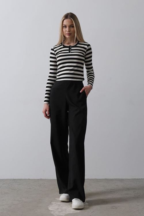 Beli Yarım Lastikli Palazzo Pantolon - Siyah