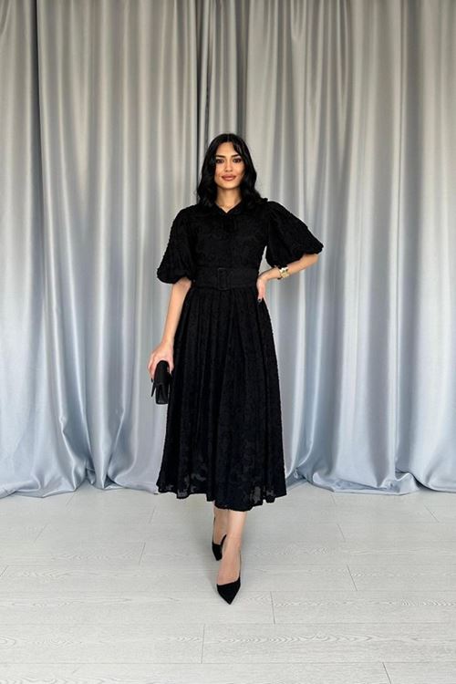 Siyah Kemerli Balon Kollu Elbise