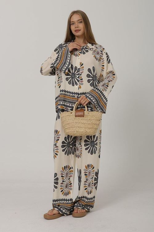 Desenli Kolları Volanlı Pantolon Takım - Antrasit