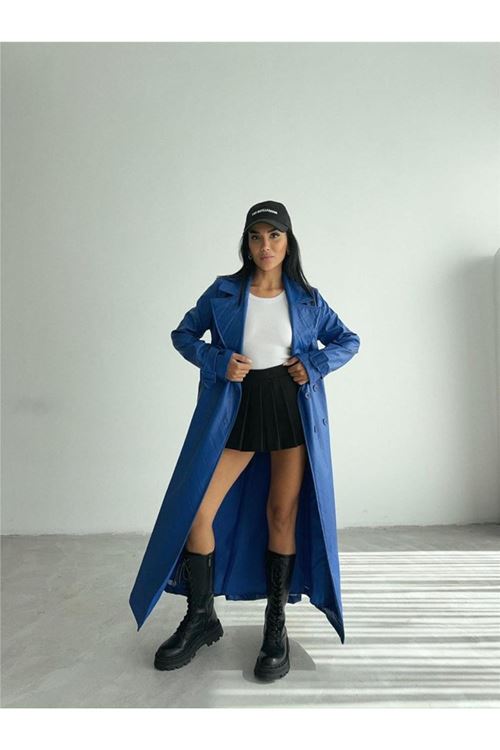 KAPİTONE DERİ TRENCH - Mavi