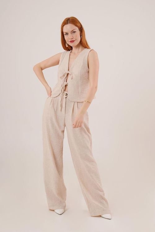 Ön Bağlama Detaylı Yelek Ve Pantolon Taş İkili Takım