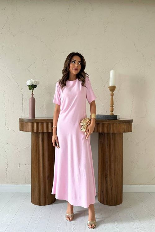 Pudra Pileli Bisiklet Yaka Elbise