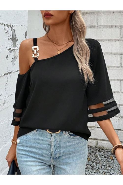 Kadın Askılı Asimetrik Kesim Kol Ve Yaka Kolda Tül Ve Aksesuar Detaylı Janjan Krep Bluz