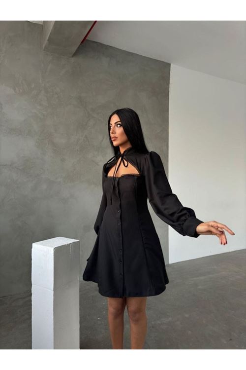 Kadın Uzun Kollu Balıkçı Yaka Göğüs Detay Diz üstü Elbise