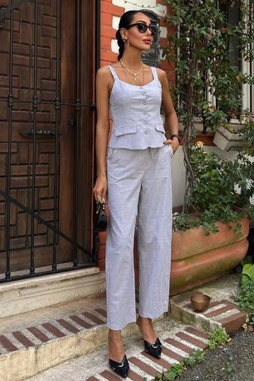 Kalın Askılı Bluz Pantolon Keten Takım 10187