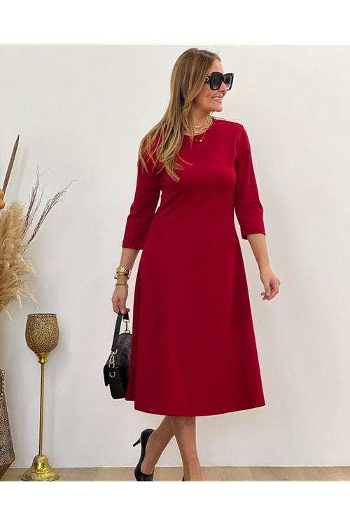 Kadın Uzun Truvakar Kol Bisiklet Yaka Midi Modal Elbise