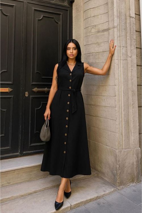 Kadın Düğme Detay Kuşak Dahil Elbise