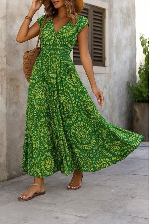 Kadın Kısa Yarasa Kanat Kollu V Yakalı Beli Büzgülü Süprem Elbise