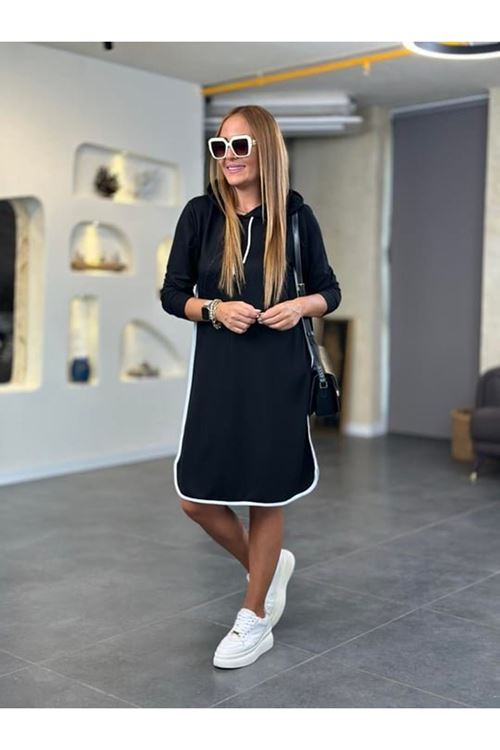 Kadın Uzun Kollu Kapüşon Ve Ribana Detay Diz üstü Elbise