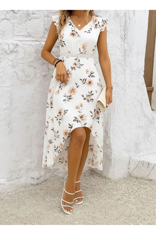 Kadın Kısa Kollu V Yakalı çiçek Desenli önü Kısa Arkası Uzun Pegasus Elbise