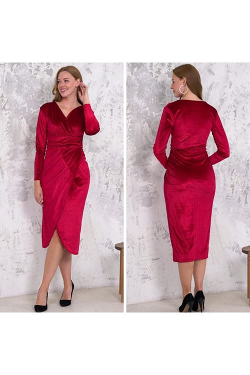 Kadın Kadife Kumaş V Yaka Uzun Kollu Midi Boy Elbise