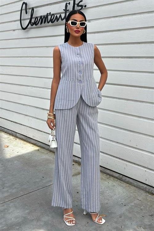 Çizgili Viscon Keten Yelekli Rahat Takım 10121