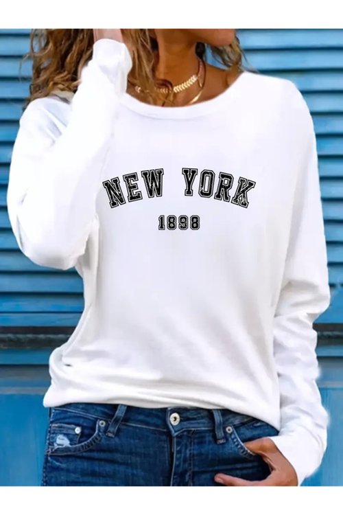 Kadın Uzun Kollu Bisiklet Yaka Yazı Baskılı Viskon Bluz
