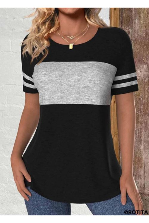 Kadın Kısa Kollu Bisiklet Yaka çift Renkli Viskon Bluz