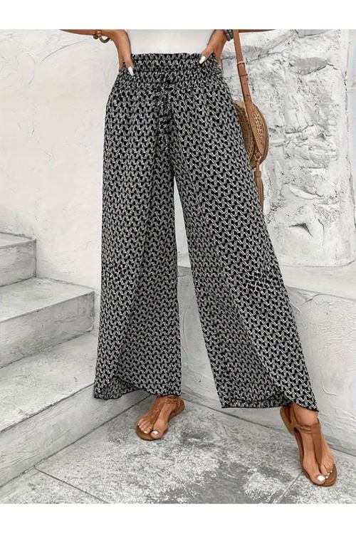 Kadın Yüksek Bel Lastikli önden Iki Parçalı Desenli Bürümcük Pantolon