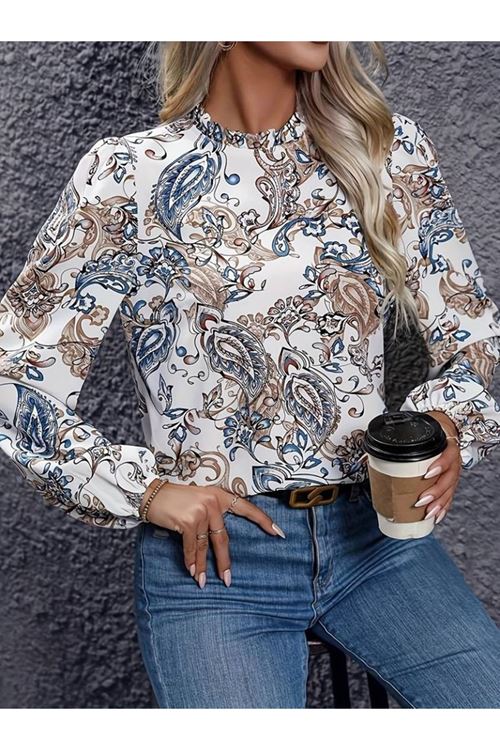 Kadın Uzun Kollu Yarı Balıkçı Yaka Desenli Süprem Bluz