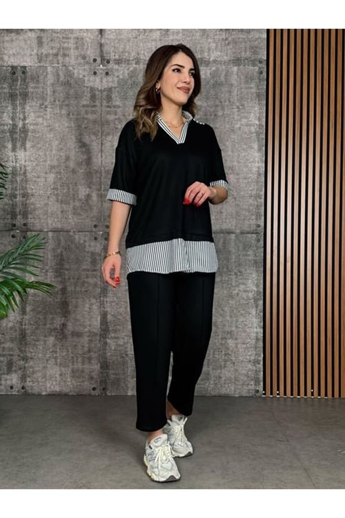 Kadın Modal Kumaş çizgili Gömlek Yaka Ikili Takım