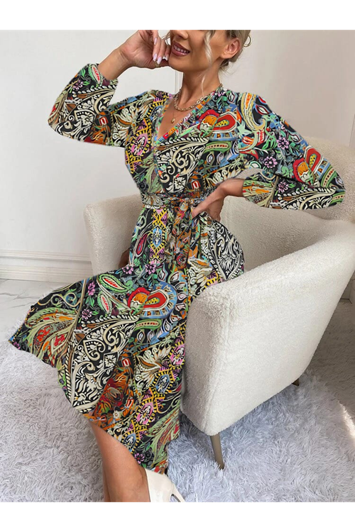 Kadın Uzun Kollu Kruvaze Yakalı Belden Kuşaklı Leopar