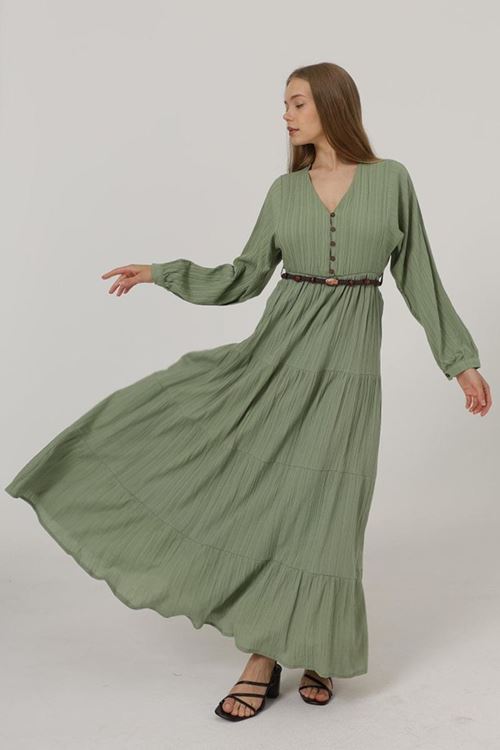 Önü Yarım Düğmeli Uzun Kol Kemerli Elbise - Haki