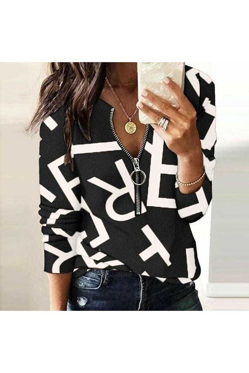 Kadın Uzun Kollu önden Fermuarlı Harf Baskılı şardonlu Dalgıç Bluz