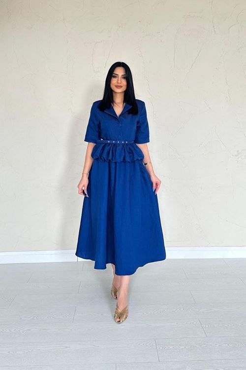 Lacivert İnce Kemerli Fırfırlı Ceket Ve Büzgülü Etek Takım