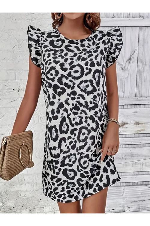 Kadın Kısa Kollu Kolları Fırfır Detay Arkası Bağlamalı Leopar Desen Kolsuz Mini Mikro Elbise