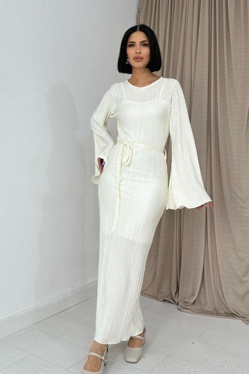 Ekru İspanyol Kol Piliseli Elbise