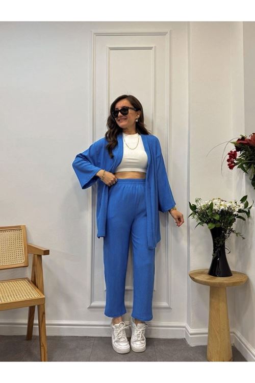 Kadın Uzun Kollu önü Açık Dokuma Ceket Ve Pantolon Ikili Takım