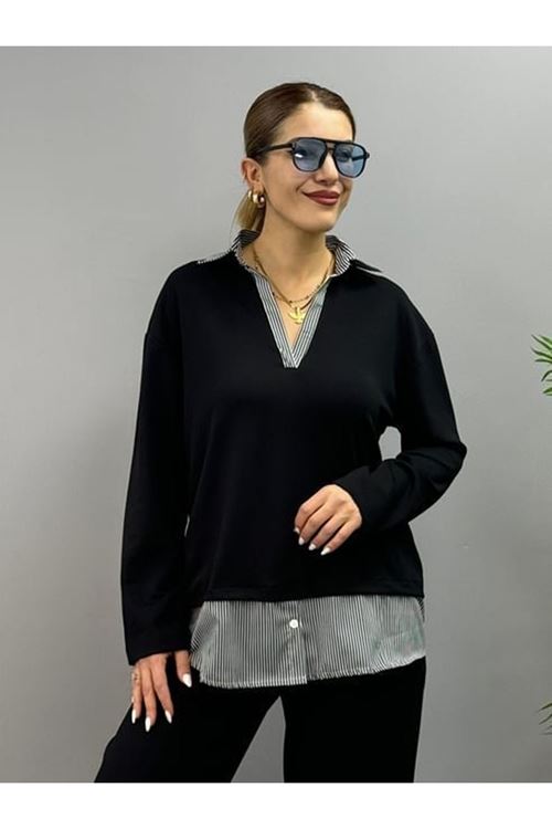 Polo Yaka Gömlek Detay Salaş Balon Pantolunlu ıkılı Takım