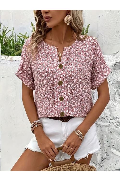 Kadın Kısa Kollu çentikli V Yaka Ve Düğme Detaylı çiçek Desenli Süprem Bluz