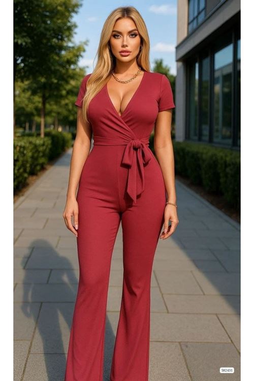 Kadın Kruvaze Yaka Kısa Kollu Kuşaklı Tulum