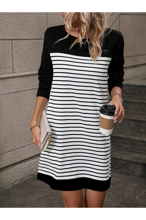 Kadın Bisiklet Yaka Uzun Kol çizgili Iki Iplik Kumaş Mini Boy Elbise