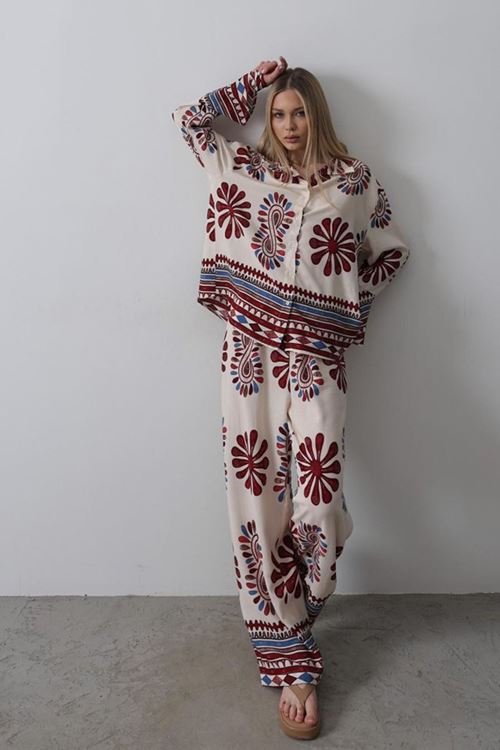 Desenli Kolları Volanlı Pantolon Takım - Kırmızı